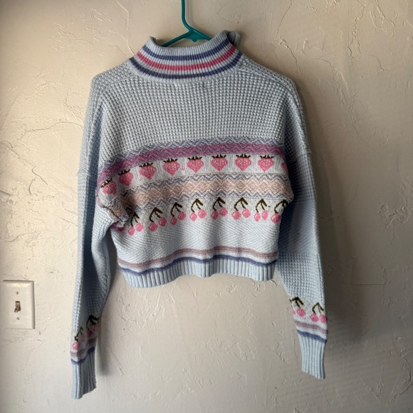 Sugar Moon Baby Blue Cropped Strawberry Cherry Fair Isle Knit Sweater Coquette - Picture 5 of 7